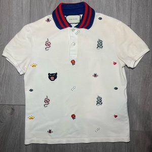 Gucci Polo Tee Patched Motifs Symbols White/Blue/Red Size: S